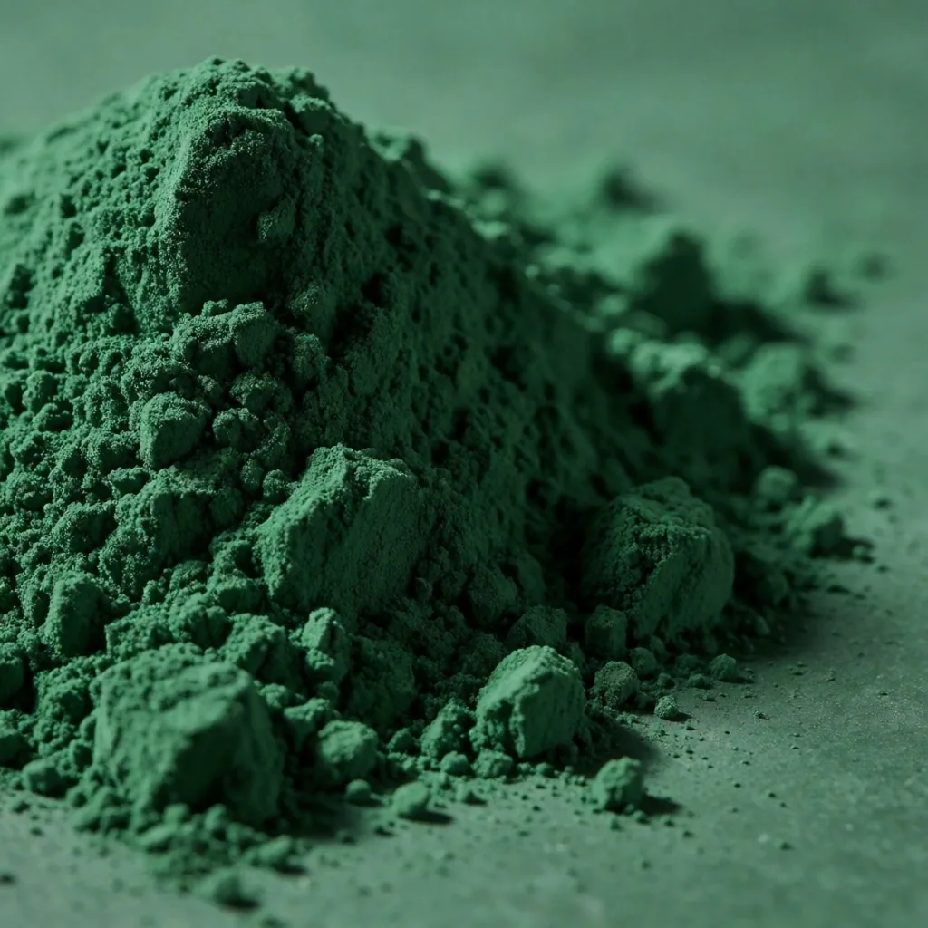 Close-up of green nutritional powder on paper