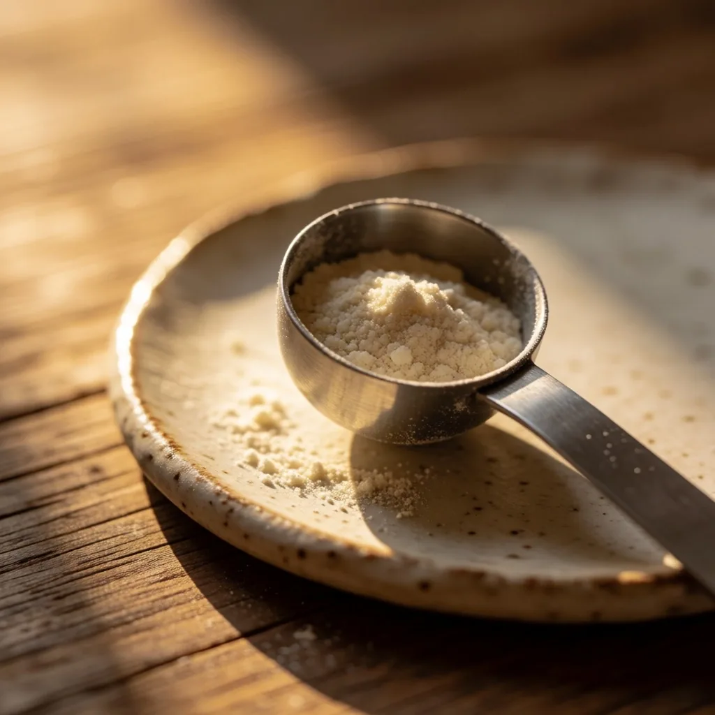 Morning routine with nutritional supplement on a workshop bench