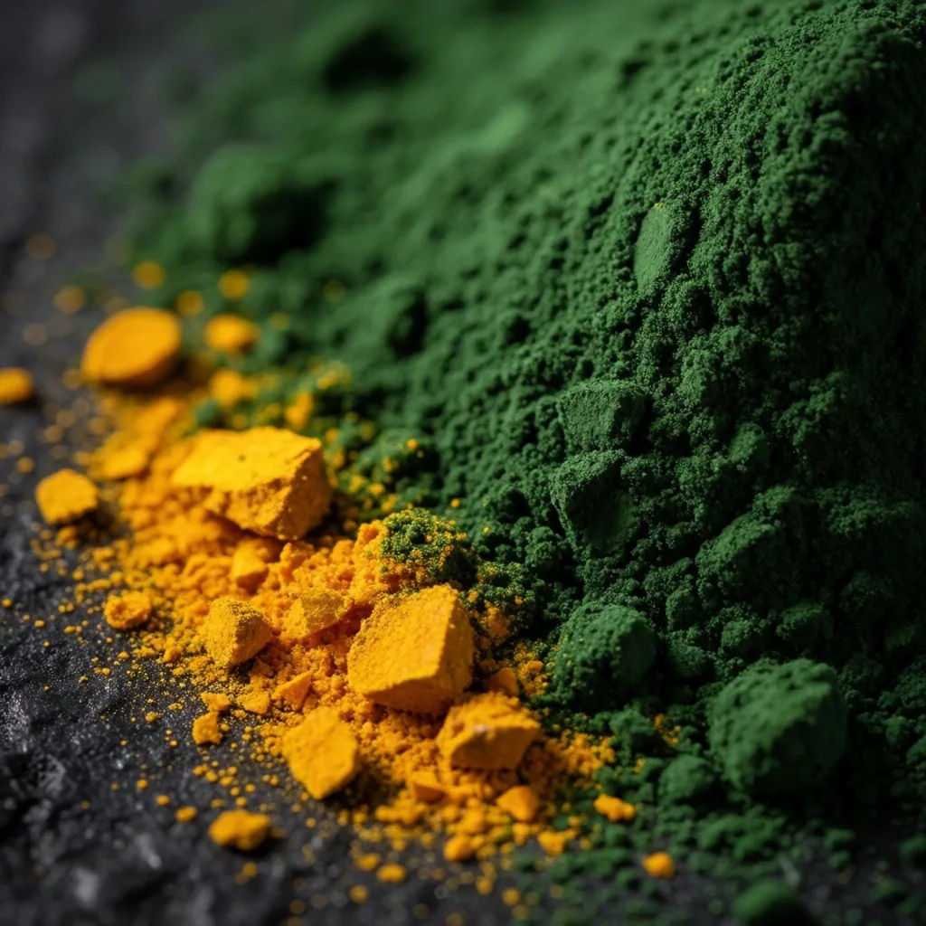 Raw botanical ingredients on a dark workshop surface