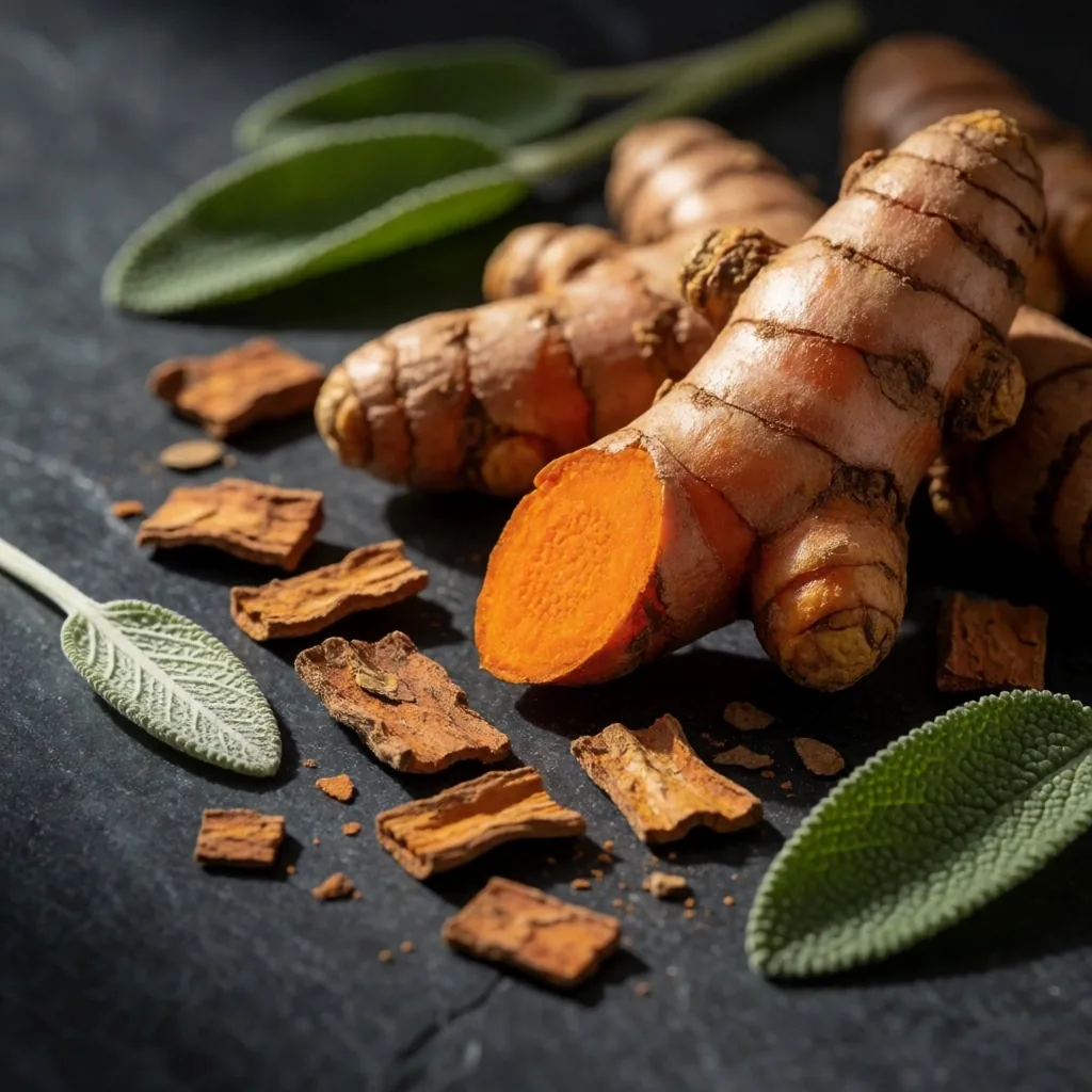 Raw botanical ingredients on a workshop surface