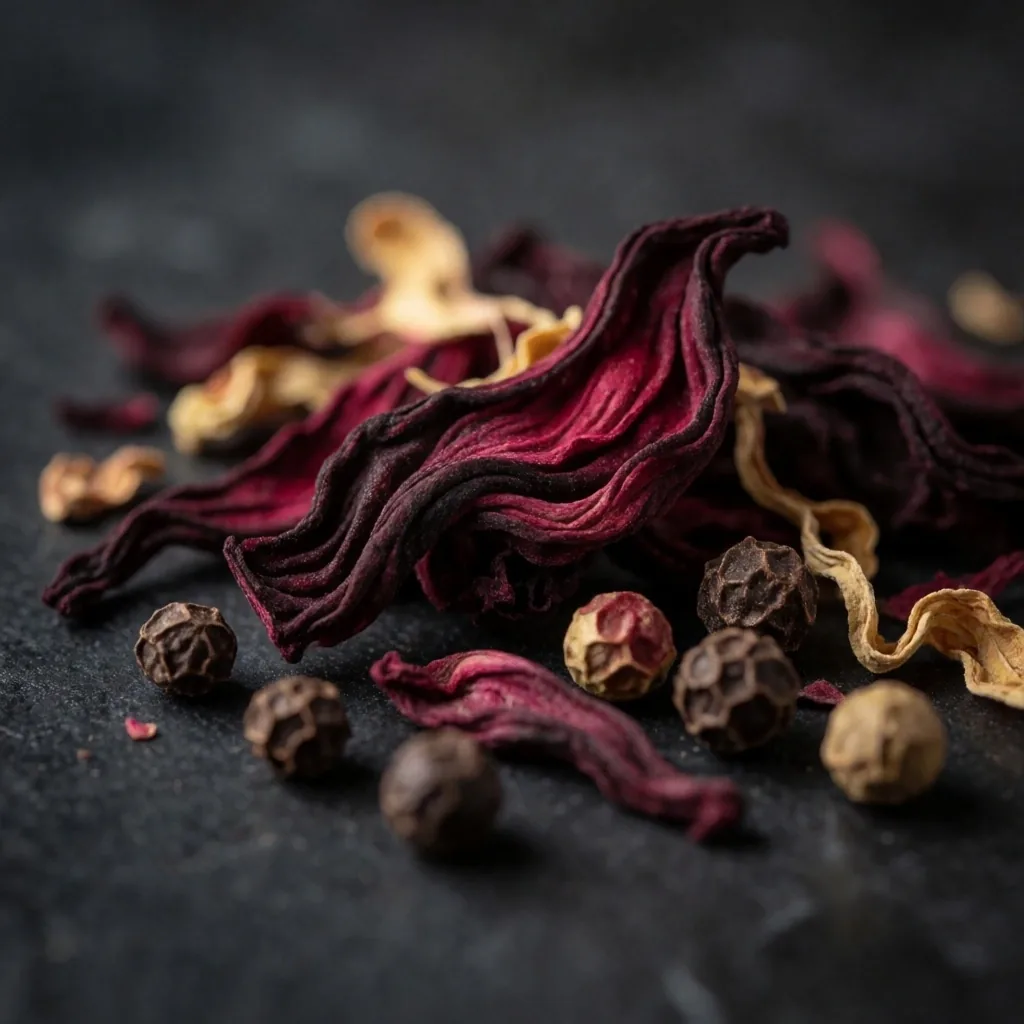 Botanical ingredients on a dark workshop surface