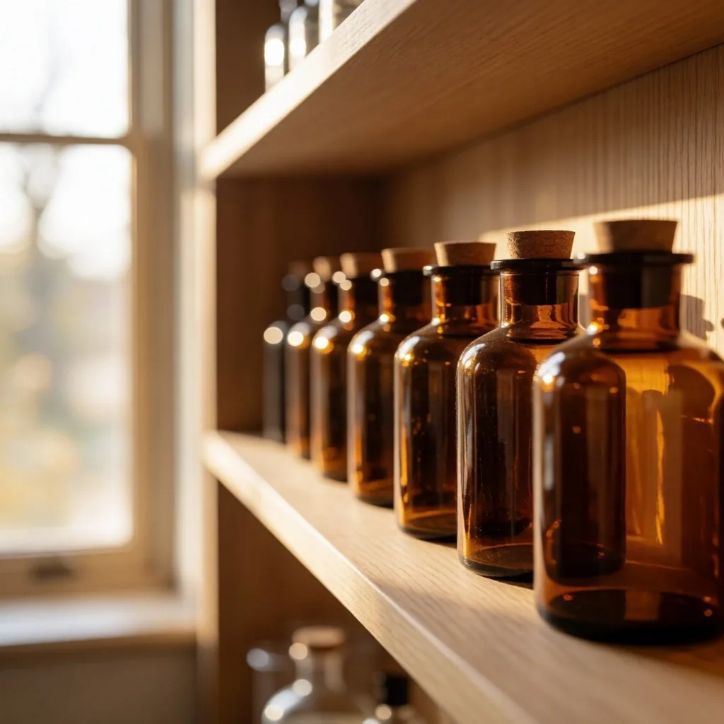 Amber glass bottles on a workshop shelf