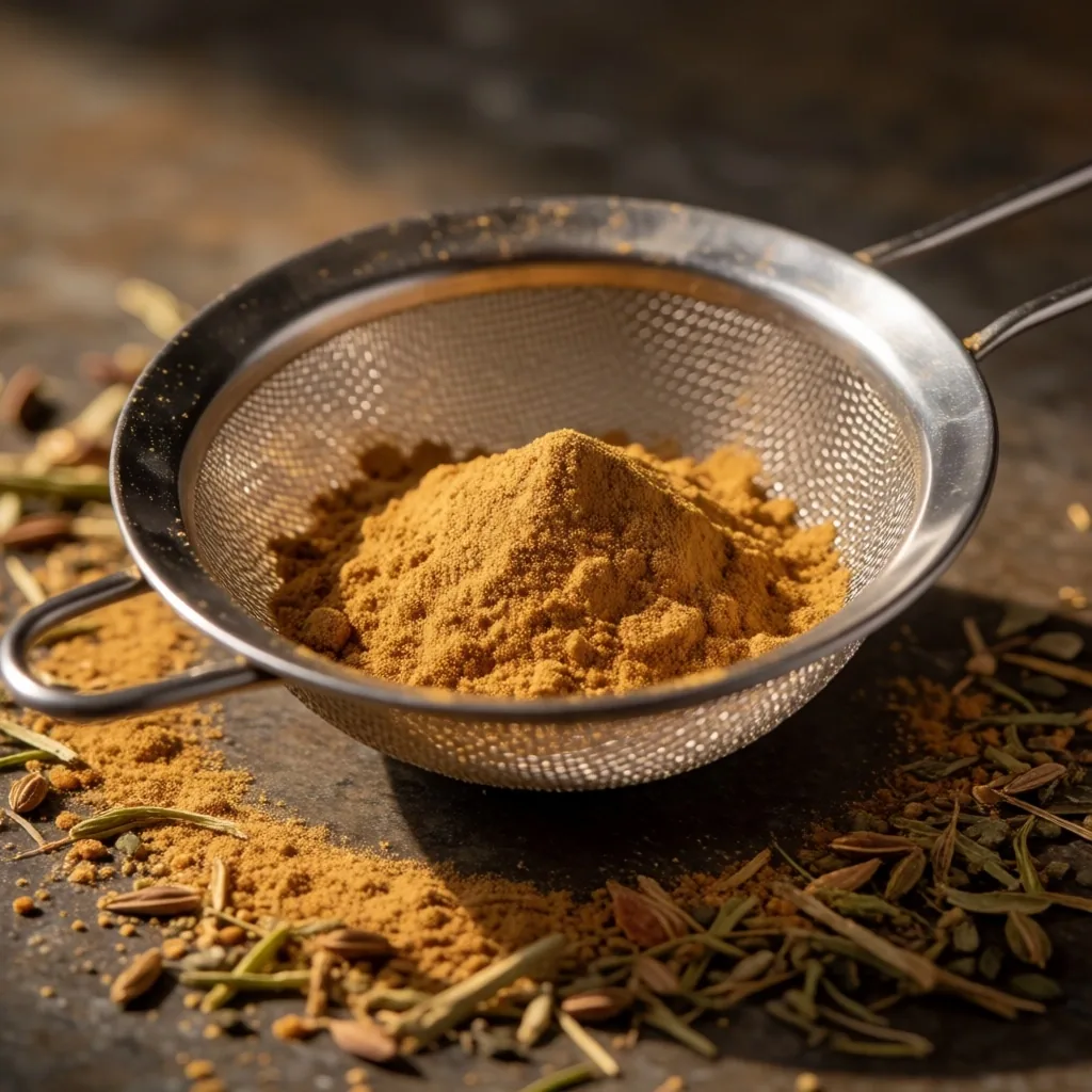 Steel sieve with botanical powder on a workshop surface