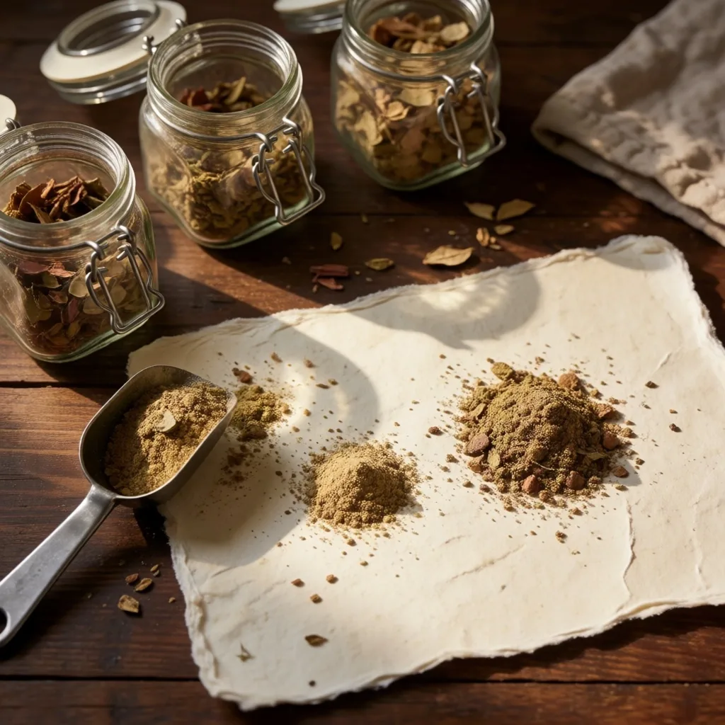 Workshop bench with botanical ingredient vials and tools