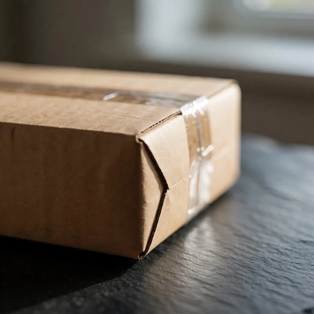 A sealed parcel on a workshop bench