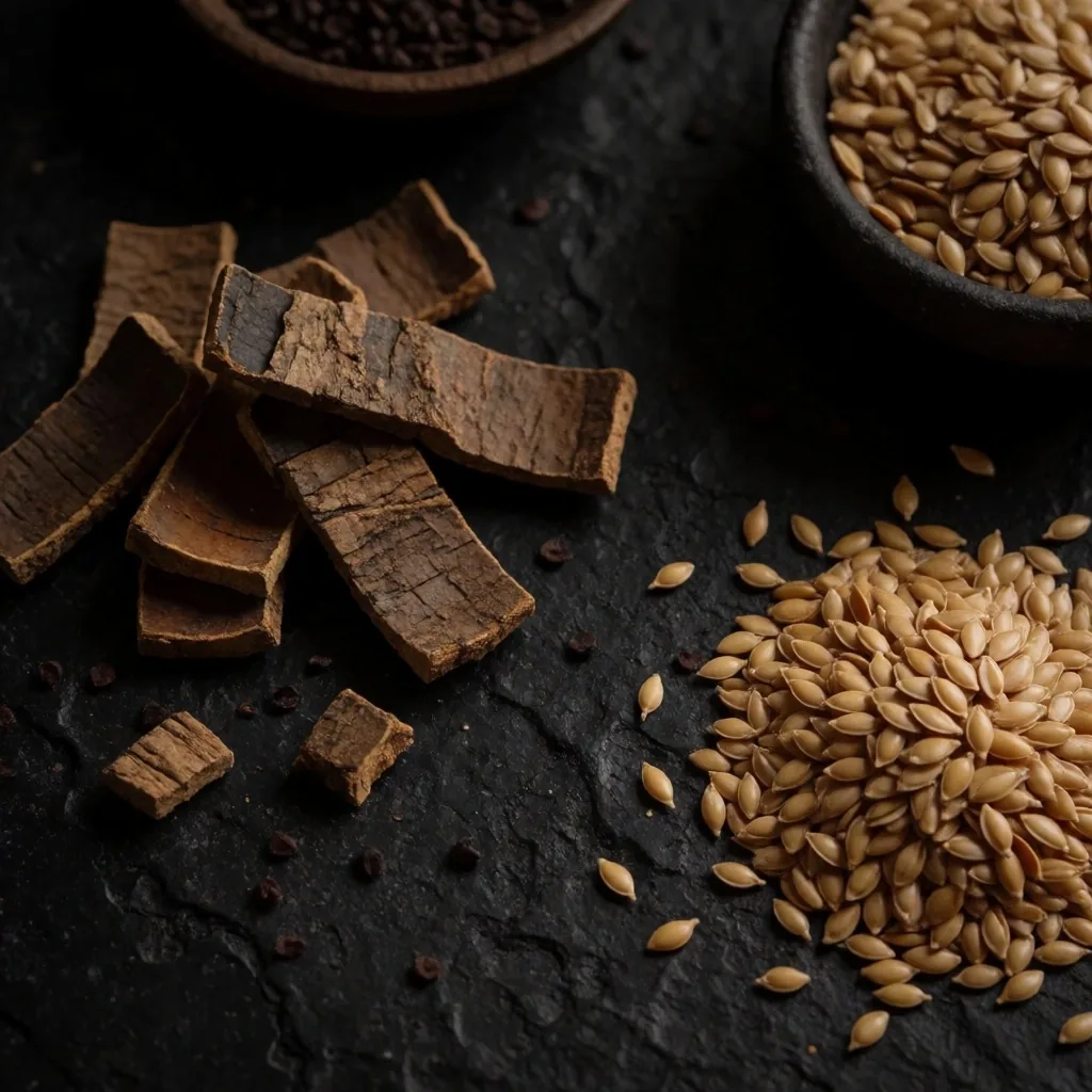 Raw botanical ingredients on a dark workshop surface
