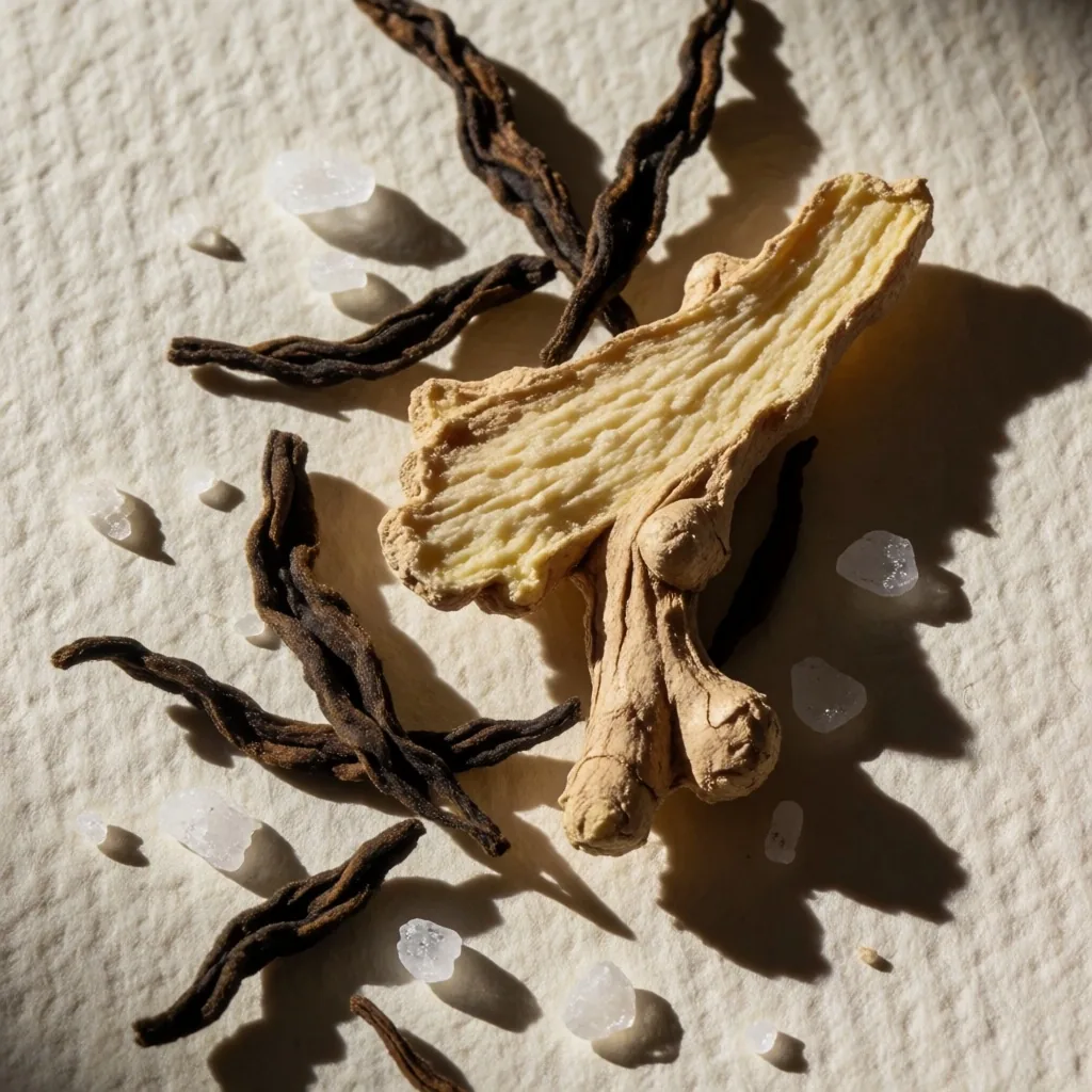 Raw botanical ingredients on heavy paper